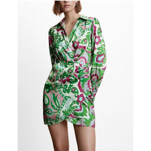 MANGO Women's Faux Wrapped Satin Floral Print Dress Size 8